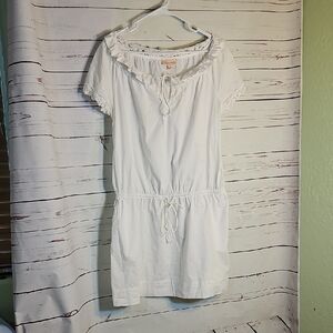 Alberto Ferretti White Crochet Trim Mini Dress Tunic Tie Neck, LARGE‎